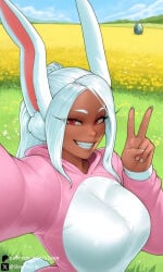 1girls ai_generated big_breasts breasts bunny_costume bunny_ears clothed clothed_female clothing dark-skinned_female easter_egg eye_contact female female_only looking_at_viewer mature_female mirko miruko my_hero_academia peace_sign rabbit_ears rabbit_girl rumi_usagiyama self_upload selfie sleen smile smiling smiling_at_viewer solo solo_female
