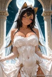 1girl ai_generated animal_ears bangs bare_shoulders black_hair blonde_hair blue_eyes blush breasts bridal_veil cleavage closed_mouth collarbone covered_navel crossed_bangs dark-skinned_female dark_skin dehya_(genshin_impact) dress earrings elbow_gloves full_moon genshin_impact gloves hair_between_eyes jewelry kermixx large_breasts long_hair looking_at_viewer moon multicolored_hair night night_sky pillar skirt_hold sky smile solo star starry_sky streaked_hair two-tone_hair veil wedding_dress white_dress white_gloves
