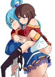 2girls absurdres after_cunnilingus aqua_(konosuba) black_panties black_socks blue_dress blue_eyes blue_hair blue_skirt blush breasts brown_hair carrying commentary dress english_commentary hand_under_clothes hand_under_shirt highres huge_breasts kono_subarashii_sekai_ni_shukufuku_wo! long_hair megumin mixed-language_commentary multiple_girls panties panties_around_one_ankle panties_around_one_leg piggyback pout pussy_juice_on_face qarimune red_dress red_eyes shirt simple_background skirt socks underwear white_background yuri