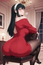 1girl ai_generated ass bangs bare_shoulders black_hair black_legwear breasts dress earrings hairband hi_res high_quality high_resolution indoors jewelry kiraamane large_breasts long_hair looking_at_viewer looking_back no_shoes pantyhose patreon red_dress red_eyes seductive sexy sitting solo spy_x_family uncensored watermark yor_briar