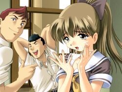 1girl 2boys :d arms_behind_head arms_up black_hair bow breasts brown_eyes brown_hair bullying closed_mouth collarbone cum cum_on_body cum_on_hands delinquent facial game_asset hair_bow hakoiri_musume hands_up high_ponytail indoors large_breasts long_hair multiple_boys neckerchief non-web_source official_art one_eye_closed open_hands open_mouth pompadour ponytail raised_inner_eyebrows red_hair school_uniform self-datamine serafuku short_sleeves smile tareme tearing_up tears teeth the_seiji toujou_mizuho upper_body upper_teeth_only visual_novel_cg yellow_neckerchief