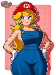 1girls blonde_female blonde_hair blue_earrings boobs breasts clothing ear_piercing female female_only gloves hat human human_only large_breasts light-skinned_female light_skin long_hair looking_at_viewer mario_(cosplay) mario_(series) no_bra no_shirt nyazuliart overalls pink_background princess_peach red_cap shirtless_female super_mario_bros. thick_thighs wearing_others_clothes wearing_partner's_clothes white_gloves