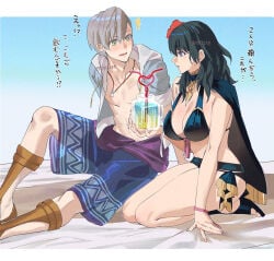 1boy 1girls alternate_costume ashe_ubert ashe_ubert_(summer) bikini black_bikini black_swimsuit blue_background blue_eyes blue_hair blue_jacket blue_swim_trunks blush border breasts cleavage crazy_straw cup drinking_straw embarrassed female female_byleth_(fire_emblem) female_byleth_(summer)_(fire_emblem) fire_emblem fire_emblem:_three_houses fire_emblem_heroes flower flustered green_eyes grey_hair hair_between_eyes hair_flower hair_ornament heart_straw hetero hibiscus high_heels jacket japanese_text kneeling large_breasts looking_at_another male nintendo official_alternate_costume open_clothes open_jacket open_mouth red_flower shared_straw sideboob swimsuit text thick_thighs thighs towel translation_request ushiomi white_border wholesome