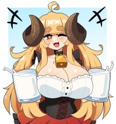 1girls ahoge amber_eyes anila_(granblue_fantasy) big_breasts big_horns blonde_hair blush cleavage commission cowbell curved_horns draph female female_only granblue_fantasy hi_res horns j5daigada long_hair looking_at_viewer milk milk_jug open_mouth smiling smiling_at_viewer solo waitress waitress_uniform wink winking_at_viewer