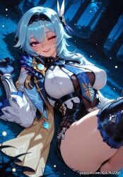 1girl 2026 ;d ai_generated anime ass bangs black_gloves black_hairband black_leotard black_thighhighs blue_cape blue_hair blue_necktie blush boobs breasts buttocks cape cleavage covered_nipples crossover eula_(genshin_impact) eye_contact female female_focus flushed genshin_impact gloves hair_accessory hair_ornament hairband handwear highres hoyoverse huge_breasts large_breasts leotard long_sleeves looking_at_viewer lying medium_hair mihoyo moaning necktie night nsfw on_back one_eye_closed open_mouth patreon purple_eyes rognezart smile smiling solo thick_thighs thighhighs thighs vision_(genshin_impact)