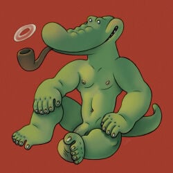 5_fingers 5_toes anthro balls claws crocodile crocodilian feet fingers flaccid genitals green_balls green_body green_penis hi_res krokodil_gena male muscular muscular_male nipples pecs penis pipe ravuer reptile scalie simple_background sitting small_eyes small_nipples smile smoke_pipe smoking solo soyuzmultfilm toe_claws toes