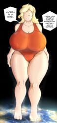 1girls adventure_time adventure_time:_fionna_&_cake blonde_hair breasts colonel-gabbo destruction earth english_text female fionna_and_cake fionna_campbell fionna_the_human_girl giant_breasts giantess huge_breasts one_piece_swimsuit red_swimsuit speech_bubble swimsuit tagme text thighs