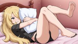 1girls ai_generated barefoot black_nail_polish black_nails black_toenails blonde_female blonde_hair creatures_(company) cynthia_(pokemon) feet female female_only foot_focus hugging_pillow in_bed light-skinned_female light_skin messy_hair nail_polish nintendo panties pillow pokemon pokemon_bdsp pokemon_dppt self_upload soles solo solo_female toenail_polish toes