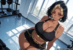 1girl ai_assisted ai_generated arms_behind_back bare_shoulders black_hair breasts brown_eyes cleavage collarbone curvaceous curvy curvy_female curvy_figure dark_skin domina dutch_angle earrings female indoors jewelry large_breasts lips looking_at_viewer midriff miyuai multicolored_hair navel overwatch short_hair short_shorts shorts smile solo thick thick_ass thick_butt thick_hips thick_legs thick_thighs thighs voluptuous voluptuous_female wide_hips wide_thighs window