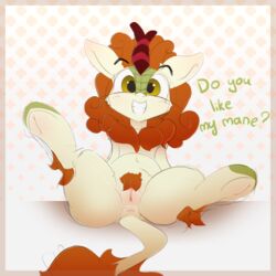 2018 autumn_blaze_(mlp) dialogue english_text female friendship_is_magic grin kirin looking_at_viewer my_little_pony n0nnny pattern_background presenting pussy simple_background smile solo spread_legs spreading text underhoof