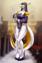 anthro bulge clothed clothing cross cross_necklace gynomorph hi_res intersex jewelry joints machine nariikhan necklace nun_outfit robot robot_anthro robotic robotization solo