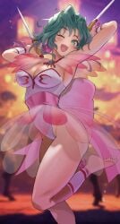1girls armpits barefoot battle_arena_toshinden breasts breasts_out commentary_request dual_wielding ellis_(battle_arena_toshinden) female green_eyes green_hair leotard medium_breasts one_eye_closed sato_one1 see-through_clothing short_hair sweat thighs white_leotard