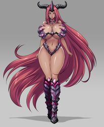 devil-v female gray_background horns huge_breasts looking_at_viewer thick_thighs very_long_hair