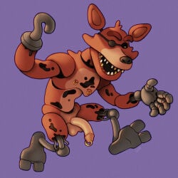 action_pose animatronic anthro black_nose canid canine eye_patch eyewear five_nights_at_freddy's fox foxy_(fnaf) genital_piercing genitals glans hi_res hook hook_hand long_penis machine male mammal nipple_piercing nipples orange_body penis penis_piercing piercing pink_glans pose prince_albert_piercing ravuer robot robot_legs scottgames simple_background smile solo thin_penis