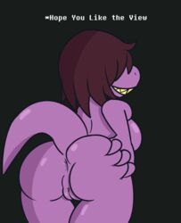 2018 anthro anus ass big_butt breasts deltarune dialogue english_text female hair monster nude plump_labia presenting presenting_anus presenting_hindquarters presenting_pussy pussy reptile scalie simple_background smile solo spreading susie_(deltarune) teeth text thick_thighs video_games zaldenvire