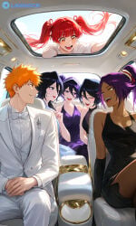 1boy 5girls ai_generated apron bambietta_basterbine black_hair bleach cooking dokugamine_riruka harem harem_outfit ichigo_kurosaki kuchiki_rukia kurotsuchi_nemu lanr0 limousine naked pajamas purple_hair quincy_(bleach) red_hair shihouin_yoruichi sleeping wedding_dress wedding_ring