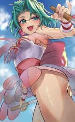 1girls armpits ass barefoot battle_arena_toshinden breasts breasts_out commentary_request cowboy_shot dual_wielding ellis_(battle_arena_toshinden) female green_eyes green_hair leotard medium_breasts sato_one1 see-through_clothing short_hair sideass thighs white_leotard