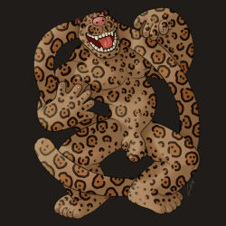 anthro dancing fangs felid flaccid foreskin fur genitals hi_res jaguar long_tail male mammal markings pantherine penis pink_nose pink_tongue ravuer silly_pose simple_background small_eyes small_nipples smile solo spots spotted_body spotted_fur tail teeth tongue
