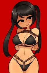 arms_behind_back bikini black_bikini black_hair bondage breasts crotch_rope female femsub mbklvrs oc original rope rope_bondage seductive_look smile twintails