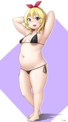 1girls armpits arms_behind_head bikini black_bikini blonde_hair bow breasts breasts_apart chubby chubby_female commentary_request full_body green_eyes hair_bow hairband highres idolmaster idolmaster_cinderella_girls looking_at_viewer medium_breasts medium_hair navel open_mouth plump red_bow sakurai_momoka shadow shigekikkusu side-tie_bikini_bottom signature smile solo standing string_bikini swimsuit thick_arms thick_thighs thighs two-tone_background