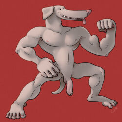 anthro canid canine canis domestic_dog flaccid flexing foreskin genitals grey_body grey_skin greyhound hi_res hunting_dog long_legs long_muzzle long_penis male mammal muscular muscular_male pecs penis ravuer sighthound simple_background small_eyes small_nipples smile solo tongue tongue_out