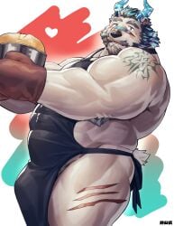 1boy abs absurdres animal_ears apron ass baking bara bear_boy bear_ears bear_tail beard belly biceps blush brown_mittens bulge commentary_request facial_hair fat furry furry_male heart highres horns looking_at_viewer male_focus mittens multiple_scars muscular muscular_male naked_apron open_mouth oven_mitts scar scar_on_face scar_on_nose scar_on_thigh seikeikei2015 sweatdrop tail translation_request valoray_(live_a_hero)