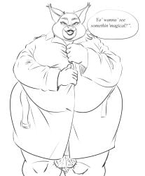 2026 absurd_res anthro balaclava ball_ring balls big_breasts big_butt biped body_hair breast_bulge breasts butt clothed clothing coat dialogue digital_drawing_(artwork) digital_media_(artwork) domestic_cat ear_tuft elderly elderly_anthro elderly_gynomorph elderly_intersex english_text fangs fanny_mcphee felid feline felis genital_piercing genitals gynomorph hairy_balls hi_res holding_clothes huge_breasts humanoid_genitalia hybrid imminent_flashing intersex jazziseqing lips low_hanging_balls lynx mammal mask mature_anthro mature_gynomorph mature_intersex monochrome overcoat overweight overweight_anthro overweight_gynomorph overweight_intersex piercing pubes saggy_balls scrotum_flap scrotum_piercing shortstack simple_background smile solo standing teeth text thick_thighs topwear trenchcoat tuft wide_hips