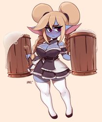 1girls beer big_ears blonde_hair blue_skin breasts cleavage dress female_only flats french_maid_poppy half-closed_eyes huge_breasts kanel league_of_legends maid poppy purple_eyes riot_games shoes shortstack source_request text thick_thighs thighhighs twintails watermark wide_hips yordle