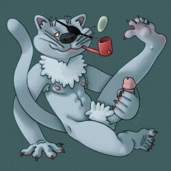 black_nose cat_of_billy_bones chest_tuft domestic_cat erection eye_patch eyewear felid feline felis fur genitals glans grey_body grey_fur handjob hi_res kievnauchfilm long_penis male mammal masturbation muscular muscular_male nipples penile penis pink_glans pink_nipples pipe pubes raised_leg ravuer sex silly_pose simple_background sitting smoking solo treasure_island_(1988_film) tuft