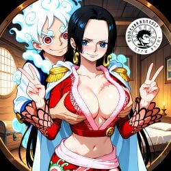 ai_generated big_breasts black_hair boa_hancock busty earrings empress female gear_5_luffy grabbing_breasts grabbing_from_behind hancock luffy male male/female monkey_d_luffy one_piece smile white_hair