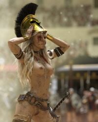 1girls 3d background_character blonde_hair breasts dirt dirty facepaint female female_focus helmet nipples original original_character pubic_hair public public_exposure pussy reignof-darkness small_breasts solo_focus sword
