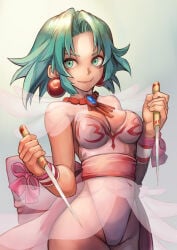 1girls battle_arena_toshinden breasts breasts_out commission dual_wielding ellis_(battle_arena_toshinden) female green_eyes green_hair hinoru_saikusa leotard medium_breasts see-through_clothing short_hair white_leotard