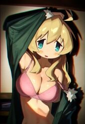 1girls ahoge ai_assisted ai_generated blonde blonde_female blonde_hair blue_eyes blush bra breasts chromatic_aberration cleavage coat dark_room fur_trim girls'_last_tour glossy green_coat green_jacket hand_on_own_head indoors jacket large_breasts looking_at_viewer navel open_mouth partially_undressed pink_bra shiny_skin shoujo_shuumatsu_ryokou single_off_shoulder smile solo solo_female underwear undressing yuuri_(shoujo_shuumatsu_ryokou)