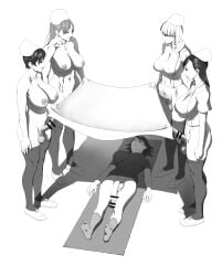 5futas balls big_breasts big_penis blanket breasts censored_penis erect_penis erection flaccid_penis futanari lying_on_back lying_on_ground monochrome nurse nurse_cap pants_down penis shoes siranui thighhighs