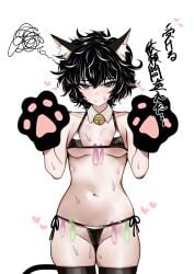 1girl absurdres animal_ear_hairband animal_ears animal_hands bikini black_bikini black_hair breasts cat_ear_hairband cat_ears condom condom_belt cowboy_shot detached_collar fake_animal_ears gloves grey_eyes hairband heart highres looking_at_viewer marnie_(meitantei_marnie) meitantei_marnie messy_hair n5995_4884 paw_gloves pubic_hair pubic_hair_peek simple_background small_breasts solo squiggle standing swimsuit unamused used_condom white_background