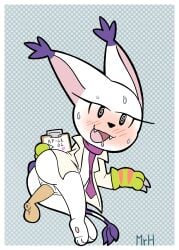 absurd_res accessory anthro aroused aroused_smile bandai_namco bianc_(el_senor_erizo) blush bodily_fluids border claws clothed clothing coat digimon digimon_(species) duo eyelashes felid female fur gatomon genitals gloves handwear hi_res lab_coat looking_at_viewer male male/female mammal mr_harinezumi open_mouth penetration sex smile sweat tail teeth topwear vaginal vaginal_penetration vulva white_body white_border white_fur