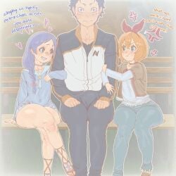 1boy 2girls age_difference bench big_ass big_penis black_hair blue_hair bottom_heavy bulge dress embarrassed fighting_over_boy fully_clothed green_eyes hips_wider_than_shoulders holding_arm huge_ass huge_cock meili_portroute natsuki_subaru orange_hair petra_leyte planktiton re:zero_kara_hajimeru_isekai_seikatsu ribbon seductive_smile shortstack sitting size_difference small_breasts text thick_thighs thighs tight_clothing village wide_hips