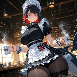 1girl ai_assisted ai_generated apron bangs black_hair black_legwear black_nails breasts candle cigarette closed_mouth coffee_mug cup curvaceous curvy curvy_female curvy_figure dress ellen_joe female fire frills holding holding_cup indoors kettle lantern large_breasts looking_at_viewer maid maid_headdress miyuai mug multicolored_hair nail_polish pantyhose puffy_short_sleeves puffy_sleeves red_eyes red_hair short_hair short_sleeves smoke solo steam thick thick_ass thick_butt thick_hips thick_legs thick_thighs two-tone_hair voluptuous voluptuous_female wide_hips wide_thighs wrist_cuffs zenless_zone_zero