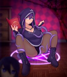 2d 2d_(artwork) book clothed consensual_tentacles consentacles coy_doy doki_doki_literature_club dress holding_object panties purple_eyes purple_hair spread_legs tentacle tentacles tentacles_around_legs yuri_(doki_doki_literature_club)