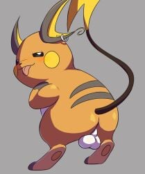 2026 anus back_stripes backsack balls black_ears black_nose black_stripes blush brown_tail butt digital_drawing_(artwork) digital_media_(artwork) ear_piercing ear_ring featureless_feet featureless_hands feet feral fur generation_1_pokemon genitals glistening glistening_butt glistening_eyes gloves_(marking) grey_background hi_res looking_at_viewer looking_back looking_back_at_viewer male male_feral mammal markings mincheeto mouth_closed multicolored_ears multicolored_tail nintendo orange_body orange_fur piercing pink_anus pokemon pokemon_(species) raichu raised_tail rear_view ring_piercing rodent semi-anthro simple_background solo stripes tail toeless_(marking) tongue tongue_out white_balls white_body white_fur yellow_cheeks yellow_ears yellow_tail
