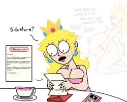 1futa 1girls anal_sex ass big_ass blonde_hair comedy doggy_style english_text from_behind from_behind_position funny futa_on_female futanari huge_ass humor incest lipstick mario_(series) nintendo princess_peach princess_rosalina super_mario_bros. theslashfive thick_thighs worried