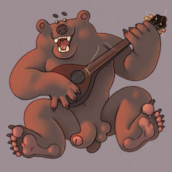 anthro bear bear_claws black_nose brown_bear caricature claws eyebrows fangs feet foreskin genitals glans half-erect hi_res holding_musical_instrument holding_object jumping lute male mammal mandolin musical_instrument musician pawpads penis pink_glans pink_pawpads pink_tongue playing_music plucked_string_instrument raised_eyebrows ravuer silly_pose simple_background singing small_eyes smile solo string_instrument teeth thick_penis tongue ursine