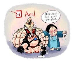 2girls anal anal_sex ball_gag bbw big_ass fat_ass female fishnet_stockings glasses huge_ass lube lube_bottle mature_female mature_male no_lube satyr_(artist) sex_slave younger_female