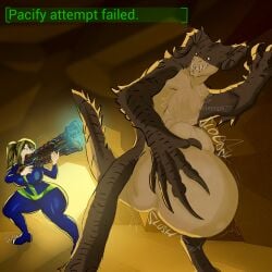 anthro armed cave deathclaw fallout fallout_4 gun gurgling gurgling_belly gurgling_noise huge_breasts huge_hips implied_vore large_breasts large_hips oral_vore pregnancy pregnant pregnant_belly pregnant_female railgun stupid tail vault_dweller vault_girl vault_suit vore vore_belly vore_implied