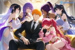1boy 5girls ai_generated apron bambietta_basterbine black_hair bleach cooking dokugamine_riruka harem harem_outfit ichigo_kurosaki kuchiki_rukia kurotsuchi_nemu lanr0 limousine naked pajamas purple_hair quincy_(bleach) red_hair shihouin_yoruichi sleeping wedding_dress wedding_ring