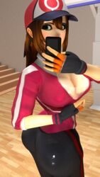 1girls 3d artist_request ass blue_eyes breasts brown_hair cleavage clothed female female_only female_protagonist_(pokemon_go) gloves hat holding human leggings nintendo phone pokemon pokemon_go ponytail see-through selfie shirt source_request standing teasing
