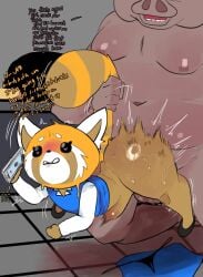 abdominal_bulge aggretsuko ailurid ambiguous_penetration anthro balls bite biting_lip blush blush_lines bodily_fluids bottomless butt clothed clothes_on_floor clothing dialogue director_ton domestic_pig duo electronics english_text eyebrows female fur genitals glistening glistening_butt heart_eyes heart_symbol hi_res holding_object holding_phone holding_tail impact_lines male male/female mammal meweeze motion_lines nude_male on_phone orange_body orange_fur penetration phone phone_call pink_body red_panda retsuko sanrio shirt suid suine sus_(pig) sweat sweaty_butt tail tail_grab text topwear