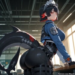 1girl ai_assisted ai_generated ass bangs black_footwear black_gloves black_hair blurry blurry_background bodysuit boots breasts closed_mouth curvaceous curvy curvy_female curvy_figure depth_of_field ellen_joe female fingerless_gloves gloves gun handgun indoors long_sleeves looking_at_viewer looking_back maid_headdress miyuai multicolored_hair police red_eyes red_hair short_hair smile solo thick thick_ass thick_butt thick_hips thick_legs thick_thighs thigh_holster two-tone_hair voluptuous voluptuous_female weapon wide_hips wide_thighs zenless_zone_zero