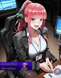 1girls ai_generated angel_yukkis anus anus_focus ass ass_focus big_ass big_breasts big_tits breasts curvy curvy_female curvy_figure fat_ass go-toubun_no_hanayome nakano_nino night office oppai pussy room sexy_female sexy_pose shirt skirt socks thighhighs thighs tits voluptuous_female