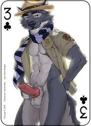 2018 abs animal_genitalia animal_penis anthro badge balls bottomless canine canine_penis card clothed clothing english_text erection fonyaa fur grey_fur hat jacket knot looking_at_viewer male male_only mammal muscular muscular_male navel orange_eyes pecs penis playing_card scarf simple_background smile solo standing text